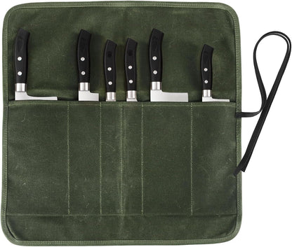 Knife Roll Bag, Chef’S Knife Roll Bag, Heavy Duty Chef Knife Roll Bag with 6 Slots, Waxed Canvas Knife Bag Roll, Knife Pouch Holder for Home, Kitchen, Grill (Green)1