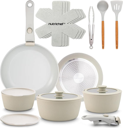 18-Piece Ceramic Cookware Set with Detachable Handles, Non Stick Pots and Pans, Ptfe-Free Natural Ceramic Coating, Space-Saving Design, Oven & Stove Safe, Includes Utensils, Green1