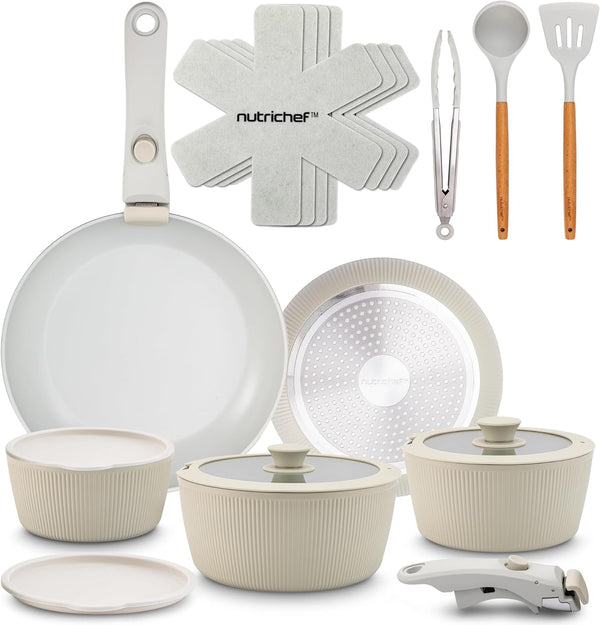 18-Piece Ceramic Cookware Set with Detachable Handles, Non Stick Pots and Pans, Ptfe-Free Natural Ceramic Coating, Space-Saving Design, Oven & Stove Safe, Includes Utensils, Green1