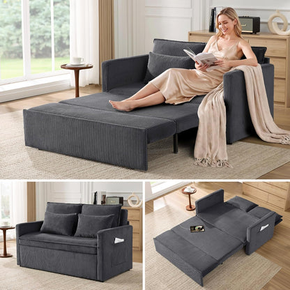 86” Extended Convertible Sofa Bed, Loveseat Sleep Sofa with USB Ports, Pull Out Couch with 6-Position Adjustable Backrest, Corduroy Couch Bed with Side Pockets for Living Room, Dark Grey1