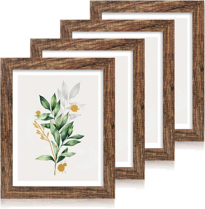 11X14 Picture Frame Set of 4, Made of Glass and Rustic Brown Wooden Frame, Display 8X10 Pictures with Mat or 11 X 14 Posters without Mat for Wall Mounting, Gallery Photo Frames1