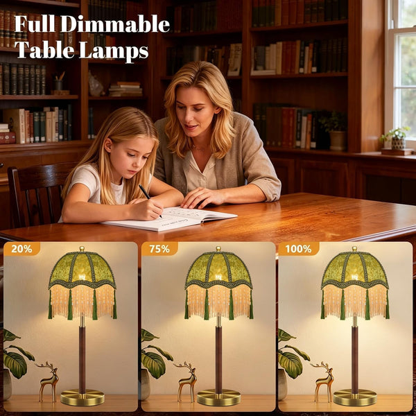 Victorian Gold Table Lamp for Living Room Bedroom Set of 2,Dimmable Bedside Lamps with Vintage Olive Green Velvet Tassel Lampshade,Scallop Bell Fringe Small Lamps for Nightstand Home Decor3