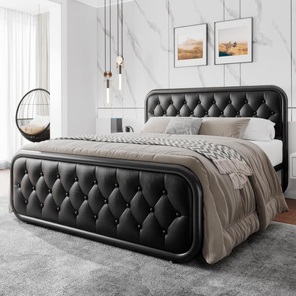 Full Size Metal Bed Frame with Button Tufted Leather Upholstered Headboard and Footboard, U-Shape Support Foundation, No Box Spring Required, Black3