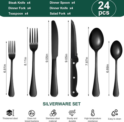 24-Piece Black Silverware Set with Steak Knives Black Stainless Steel Flatware Set for 4 Food Grade Tableware Cutlery Set Rust-Proof, Mirror Polished, Dishwasher Safe2