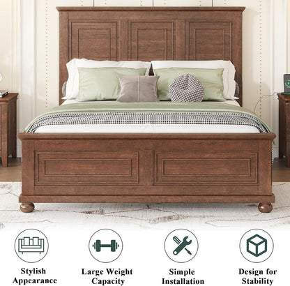 Wood Bed Frame Queen with Tall Headboard & Footboard, Traditional Queen Panel Bed with USB Charging Station for Bedroom, Guest Room, Easy Assembly, No Box Spring Required,Walnut3