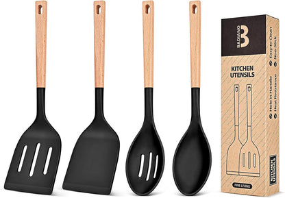 Cooking Utensils for Nonstick Cookwares, Bpa-Free Matte Silicone, Heat Resistant Large Solid & Slotted Spoons and Spatulas for Frying, Mixing,Serving,Turning and Stirring, Wooden Handle (Black)1