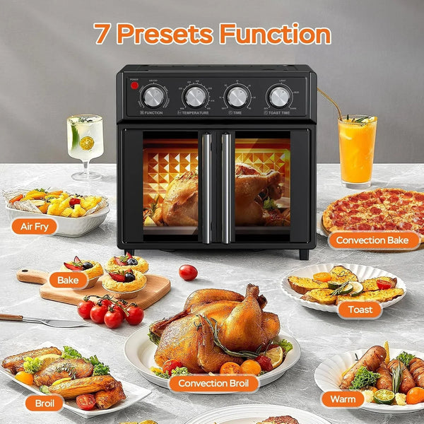 26QT Air Fryer Toaster Oven Combo - French Doors & 7 Preset Menus, 1700W Stainless Steel Convection Countertop Oven for Bake, Roast, Grill, Toast, Dehydrate, Defrost, Easy to Clean (Black)7
