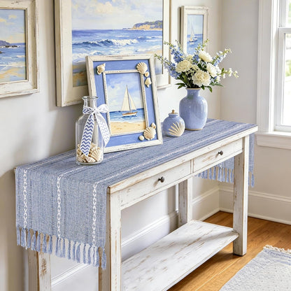 Dusty Blue Table Runner 15 X 72 Inches, Spring Summer Cotton Linen Farmhouse Dresser Runner Cover Top, Rustic Blue and White Coastal Table Decor for Dining Room, Kitchen, Wedding, Party, Home Decor4