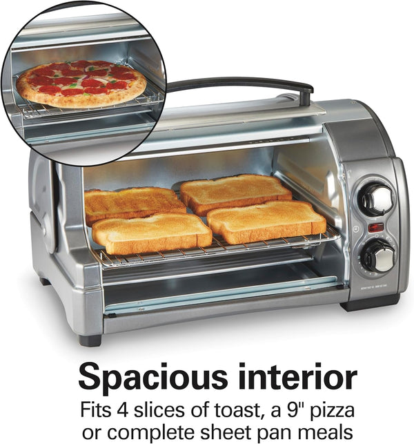 Easy Reach 4 Slice Countertop Toaster Oven | Roll-Top Door for Easy Access | Bake, Broil & Toast Functions | 200 to 450ºf Adjustable Temp | Auto Shutoff | Silver3