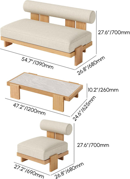 Outdoor Teak Conversation Set, 4 Pcs Sofa Set with Coffee Table, Sintered Stone Top, Cushions Included, Weather-Resistant Patio Furniture Set for Garden & Patio7