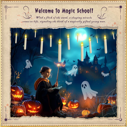 Floating Candle with Wand Remote, 12 Pcs Magical Candlesticks Witch Decors, Warm Yellow Flameless Taper Candles Battery Operated, LED Window Candle for Halloween Party Decor2