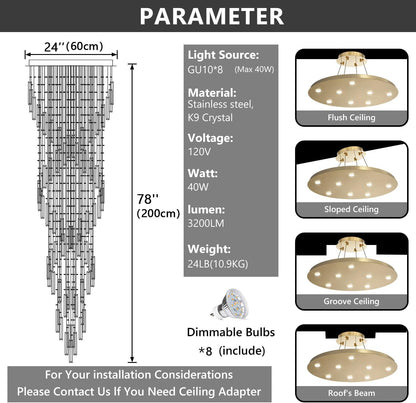 78'' Modern Crystal Chandelier High Ceiling Chandeliers for Entryway Large Raindrop Chandeliers LED Dimmable Flush Mount Light Fixtures for Staircaes Foyer Hallway Living Room LED Bulbs Included Gold3
