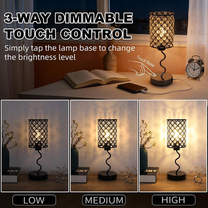 Crystal Table Lamp with 3 Way Dimmable Touch Control, Nightstand with USB A+C Ports, Modern Bedside Touch Lamp for Bedroom, Living Room, Office Reading, Black2
