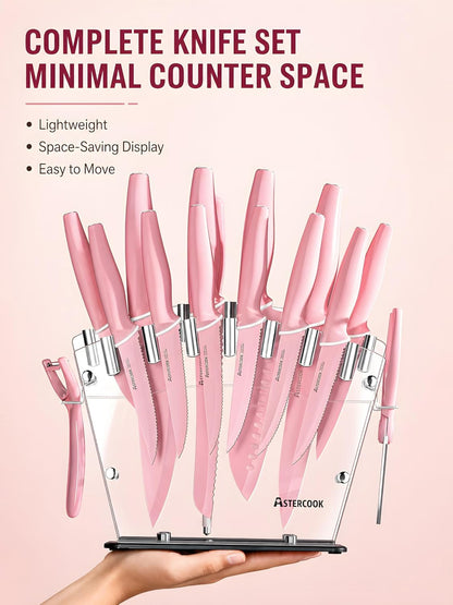 Knife Set with Clear Block and Sharpener 22Pcs Pink | Dishwasher Safe, Space-Saving Clear Knife Block, for Everyday Home Cooking5
