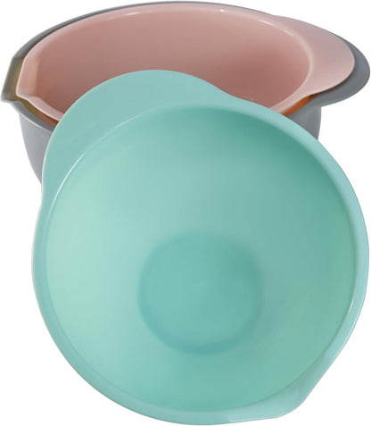 Set of 3 Mixing Bowls with Pour Spout-Nesting Design Saves Space - Non-Slip, BPA Free, Dishwasher Safe Plastic - Kitchen Cooking and Baking Supplies (Green Pink Grey)9