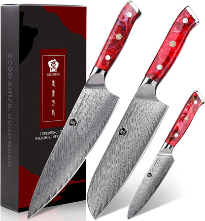Damascus Kitchen Knife Sets 3 PCS, Razor Sharp Kitchen Knives Made of Japanese Damascus Steel, Well-Balanced Damascus Chef Knife Set with Premium Resin Full Tang Handle Triple Rivet Gift Box1