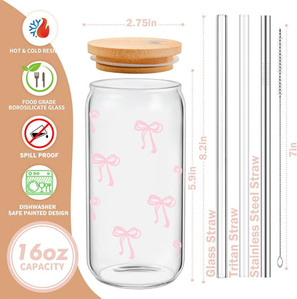 Coquette Cute Pink Bow Glass Cups with Lids and Straws, Aesthetic Iced Coffee Matcha Cup, Girly Preppy Design Tumbler Mug, Valentines Christmas Birthday Gifts for Women, Teen Girl Gifts Trendy Stuff2