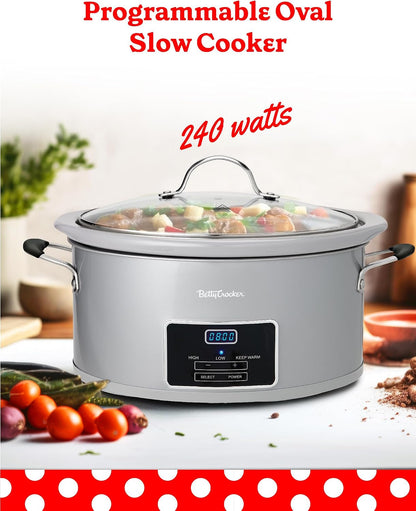 6-Quart Oval Digital Slow Cooker, 240 Watts, BC-4587S, Silver | Programmable Crock Pot up to 20 Hours, Electric Cooking Pot with LCD Digital Display, Removable Stoneware Crock Liner2