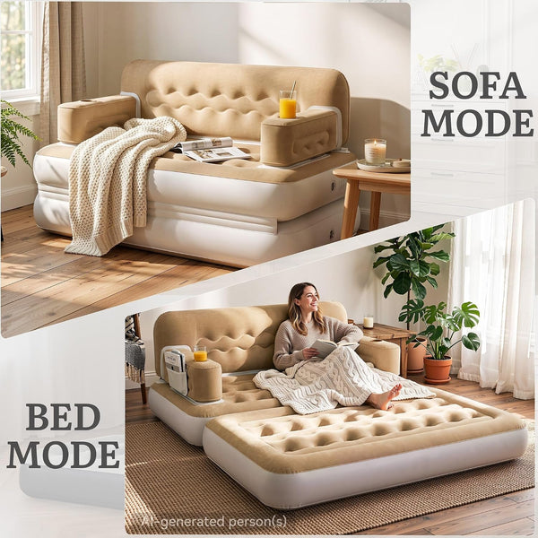 Queen Size Air Sofa Bed W/Wave Pattern Headboard & Pump - Brown8