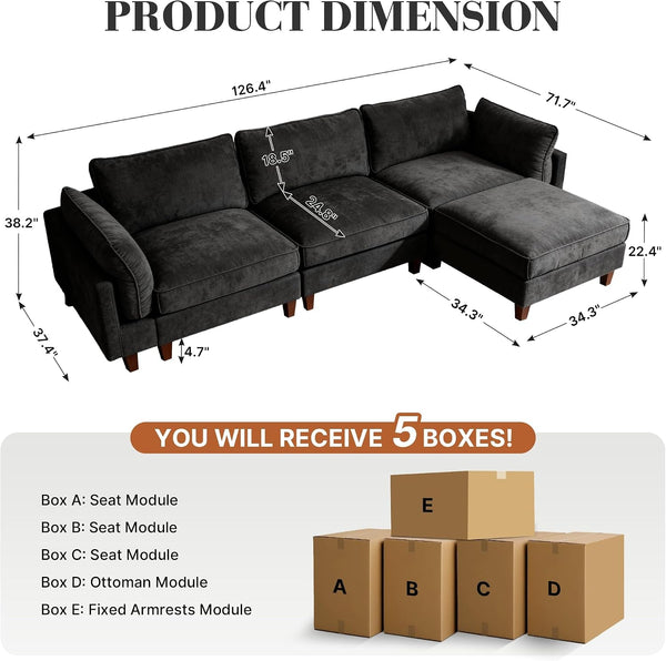 126" L Shaped Sofa with Ottoman, Sectional Couch with Deep Seat,Grey2