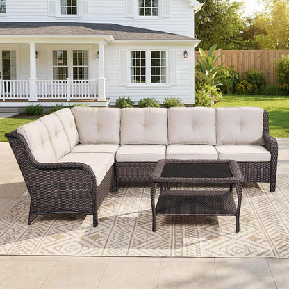 Patio Furniture Set 6 Seats, Oversized Outdoor Sectional Couch, Two 3-Seater Sofas with Coffee Table, Patio Conversation Sets,Ideal for Porch, Deck, Brown Wicker/Beige1