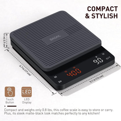 BAGAIL Coffee Scale with Timer, 0.1G/3Kg Precision | for Drip Espresso & Pour Over, Rechargeable, Clear LED Display, Auto Tare, Waterproof Silicone Cover, Charging Cable Included5