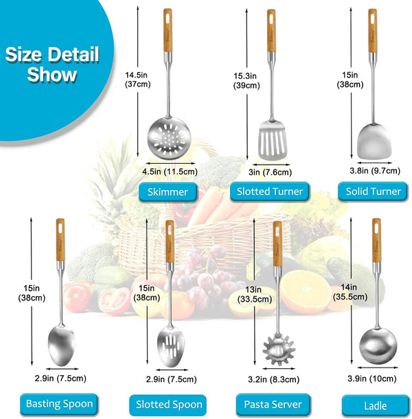 Stainless Steel Cooking Utensils Set with Wooden Handle, 7 Pcs Long Kitchen Utensil Set Stainless Steel, Heat Resistant Metal Spatula Set for Cooking with Turners, Skimmer, Ladle, Pasta Fork9