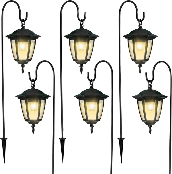 6 Pack Solar Hanging Lights Outdoor, Solar Powered Garden Decorative Lanterns with 6 X 38 Inch Shepherd Hooks, Waterproof Landscape Lighting for Lawn Patio Yard Pathway Driveway, Warm White1