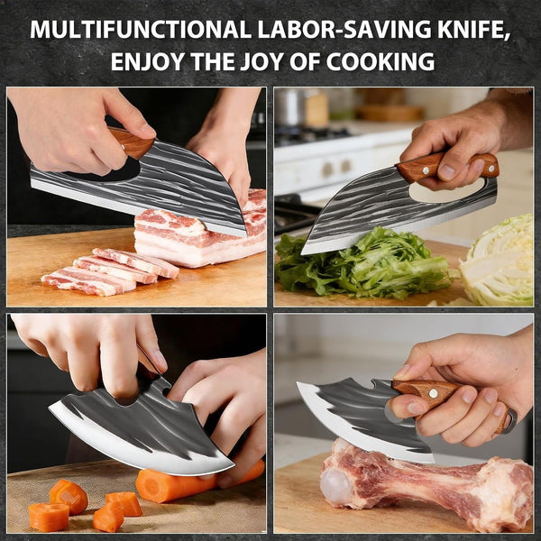 2Pcs Premium Hand Forged Kitchen Knife Set, Sharp Carbon Steel Chef Knife & Meat Cleaver, Ergonomic Non-Slip Wood Handle with Leather Sheath, for Home Cooking, Meat Veggie Cutting, BBQ Camping (C)6