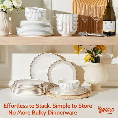 18Pcs Lightweight Porcelain Dinnerware Set for 6, Stripe Neutral7