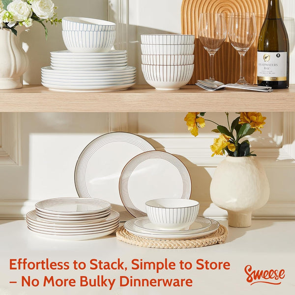 18Pcs Lightweight Porcelain Dinnerware Set for 6, Stripe Neutral7