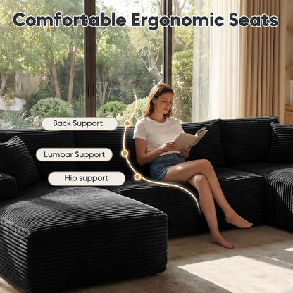 125" U-Shaped Modular Sectional Sofa, Corduroy Boneless Couch, Black3