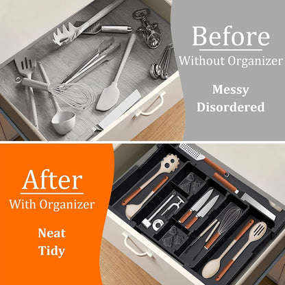 Large Utensil Drawer Organizer Expandable Silverware Organizer for Kitchen Drawer Adjustable Cooking Utensil Holder Cutlery Flatware Tray Spatula Tools Gadgets Storage Dividers Plastic Black4