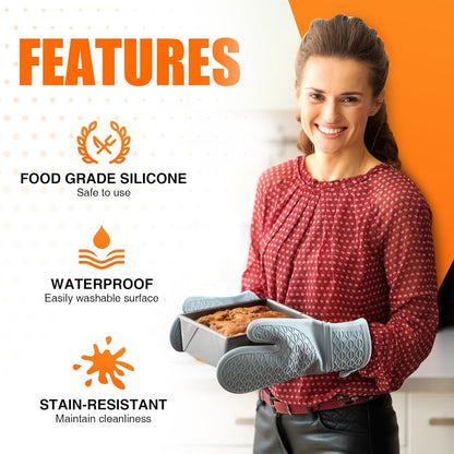 Silicone Oven Mitts, Heat Resistant 2PCS Oven Mitts with Soft Cotton Lining, Waterproof Non-Slip Grip Oven Glove, Kitchen Potholder Mits for BBQ, Baking, Cooking, 12.5 Inch - Grey4
