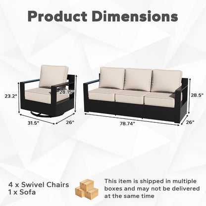 Outdoor Aluminum Furniture Set, 5-Piece Patio Conversation Set, 4 Swivel Chairs and 1 Sofa, All-Weather Metal Frame, 6" Thick Removable Cushions, Deep Setting for Garden, Poolside and Porch2