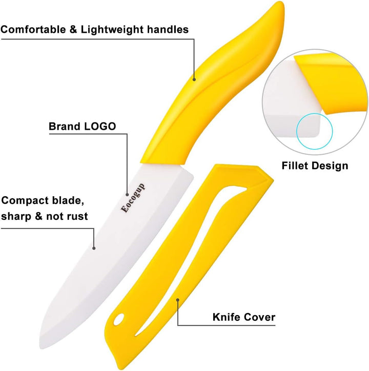 Ceramic Knife Set, 4-Piece Colored Kitchen Knives with Sheaths | Includes 3" Paring, 4" Fruit, 5" Utility & 6" Chef Knife, Sharp Ceramic Blades for Home Kitchen Prep, Colorful Covers+2