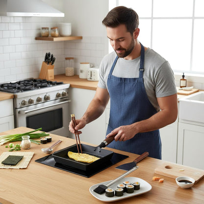 Japanese Cast Iron Tamagoyaki Pan - Pre-Seasoned, Liquid Nitrogen Treated, Non-Rust, Ready to Use, Detachable Wood Handle, Oven Safe, for Omelets, Steak & Camping, Chemical-Free Non-Stick,9X7 Inch7