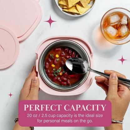 Electric Lunch Warmer, 20-Ounce Stainless Steel Portable Food Container with Sealing Lid, Removable 2.5-Cup Inner Dish, “That’S Hot” Front Decal, Pink2