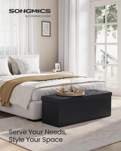 SONGMICS MAZIE Collection - 43 Inches Folding Storage Ottoman Bench, Ottoman with Storage, Foot Rest Stool, Load 660 Lb, for Living Room, Synthetic Leather, Black ULSF7014