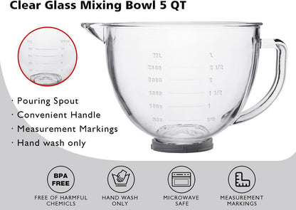 Glass Mixing Bowl 5 QT for Kitchenaid 4.5 and 5 Quart Tilt-Head Stand Mixers6