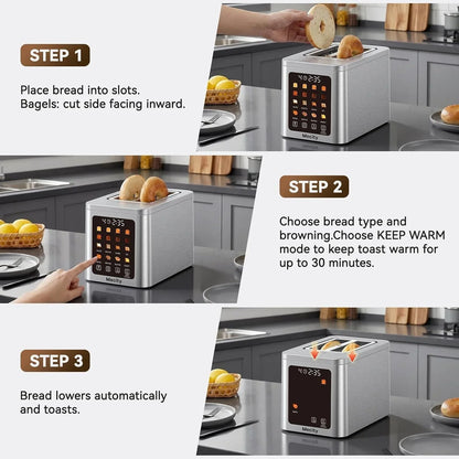 2 Slice Smart Touchscreen Toaster, Stainless Steel Wide Slot Toasters with Auto Lift & 30-Minute Warm, Memory Function, Defrost & Auto Shutoff, Digital Electric Bread Toaster for Bagels8
