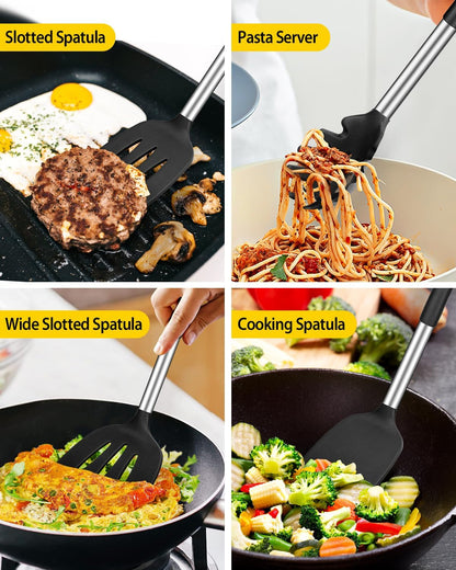 Silicone Cooking Utensils Set, 8 Pcs Kitchen Utensils with Holder, Black3