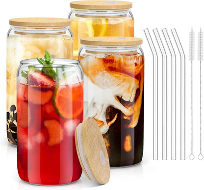 Glass Cups with Lids and Straws - 16 Oz Glass Drinking Cups Set for Coffee | Glass Cups with Bamboo Lids, Iced Coffee Cup, Home Essential, Coffee Bar Accessories, Glass Tumbler, Reusable, 4 Pack1