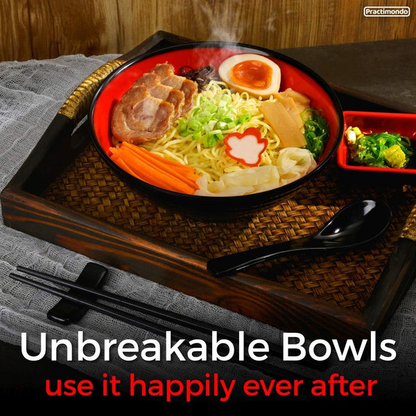 Unbreakable Ramen Bowl Set with Chopsticks and Spoon: 2 Large Japanese Style Melamine Ramen Bowls, Dipping Bowls and Chopstick Stands for Asian Pho Soup Thai Miso Udon Wonton (2 Bowl Set, Red-Black)4
