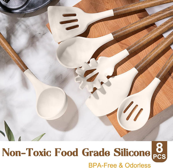Silicone Cooking Utensil Set, 8-Piece Kitchen Utensils Set with Natural Acacia Wooden Handles, Silicone Kitchen Gadgets and Spatula Set for Nonstick Cookware - Khaki2