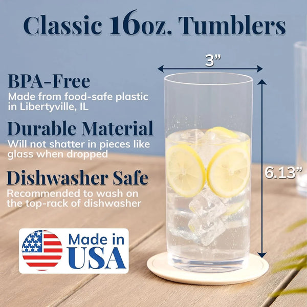 Classic Clear Plastic Reusable Drinking Glasses (Set of 6) 16Oz Water Cups | Bpa-Free Tumblers, Made in USA | Top-Rack Dishwasher Safe2