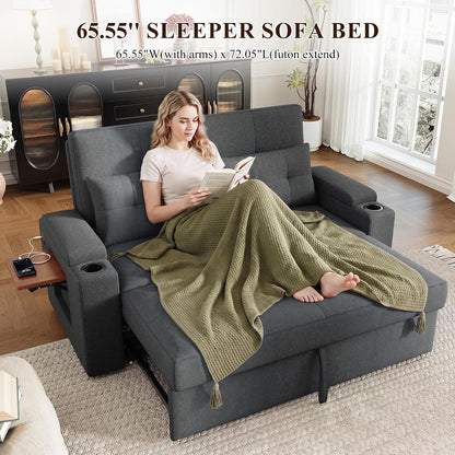 65'' Convertible Futon Sofa Bed, Fabric Pull Out Couch, Dark Grey9