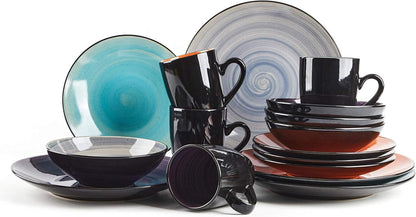 Sonoma 16 Piece Stoneware Dinner Set, Samoa, outside Black + inside Hand Painted Combi Colors of Grey, Orange, Purple and Turquoise) with Speckle2