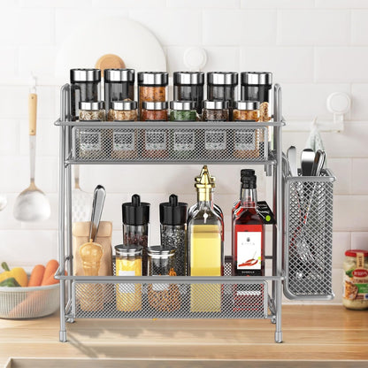 Spice Rack Organizer for Kitchen Counter, Spices Organizer and Storage Seasoning Organizer for Cabinet, Kitchen Metal Countertop Organizer with Side Basket (Grey)5