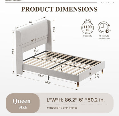 Queen Bed Frame with Upholstered Linen Headboard, Platform Bed with USB Charging Ports, Sturdy Metal Frame, No Box Spring Required, Quiet Noise-Free Modern Bedroom Furniture, Grey2